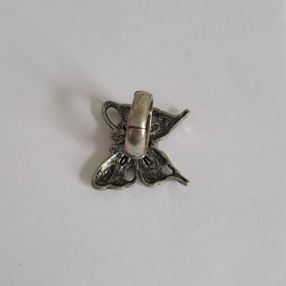 Vintage Dark Silver Tone Pewter Boho Chunky Openwork Rhinestone Butterfly Ring - Picture 13 of 15